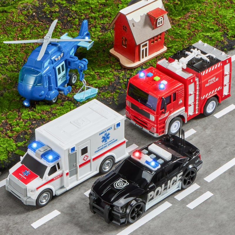 JOYIN 4 Packs Emergency Vehicle Toy Playsets, Friction Powered Vehicles with Light and Sound, Including Fire Truck, Ambulance, Play Police Car and Helicopter, Christmas Toddler Kids Boys Gifts - Image 2