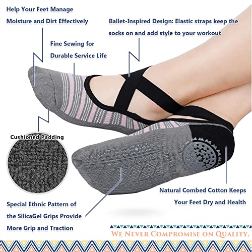 Ozaiic Non Slip Socks for Yoga Pilates Barre Fitness Hospital Socks for Women (3 Pairs -Orange/Pink/Gray) - Image 2