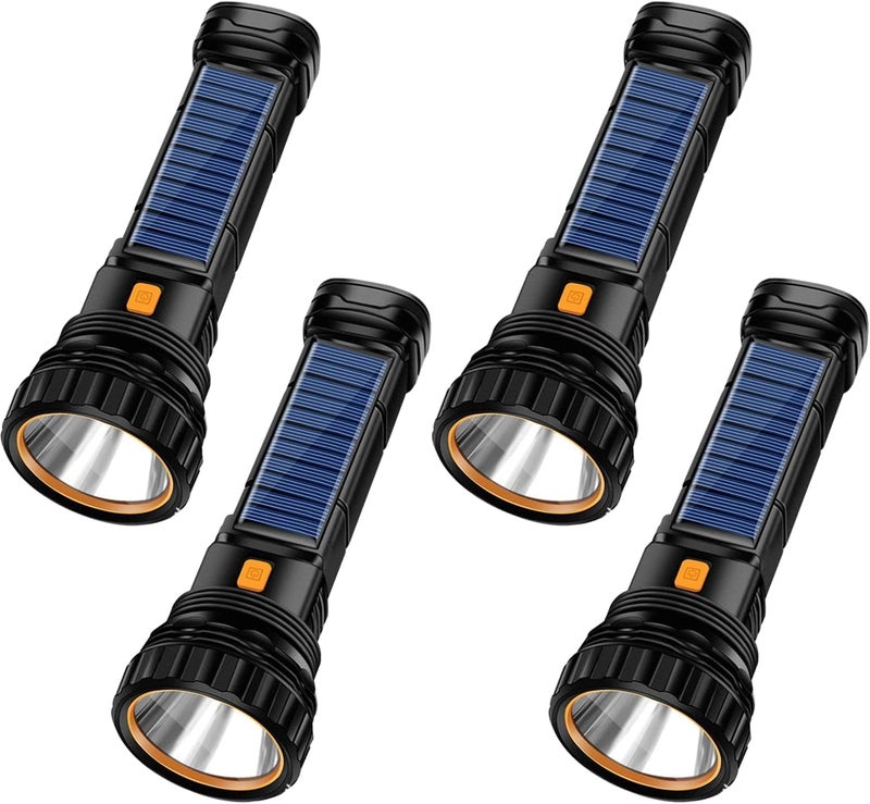 Esidai 4pcs Solar/Rechargeable Multi Function 1000 Lumens LED Flashlight, with Emergency Strobe Light and 1200 Mah Battery, Emergency Power Supply and USB Charging Cable, Fast Charging (4PC) - Image 1