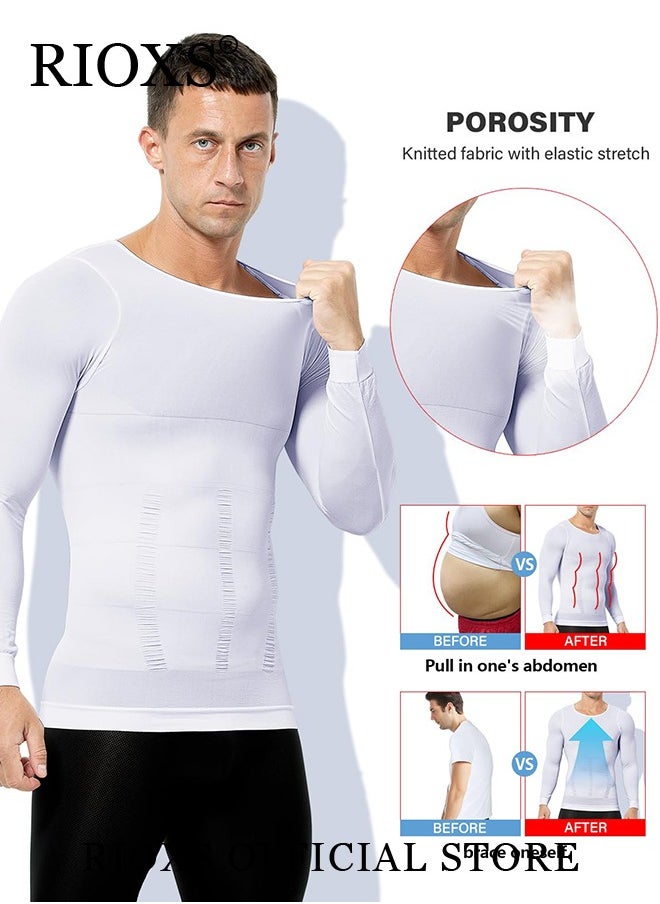 RIOXS - Men Compression Shirt For Body Slimming,Body Shaper Sports Shapewear Top For Men,Long Sleeve Round Neck Slim Fit T-Shirt,Body Shaper Undershirt,Tummy Control Shapewear For Workout Fitness - Image 1