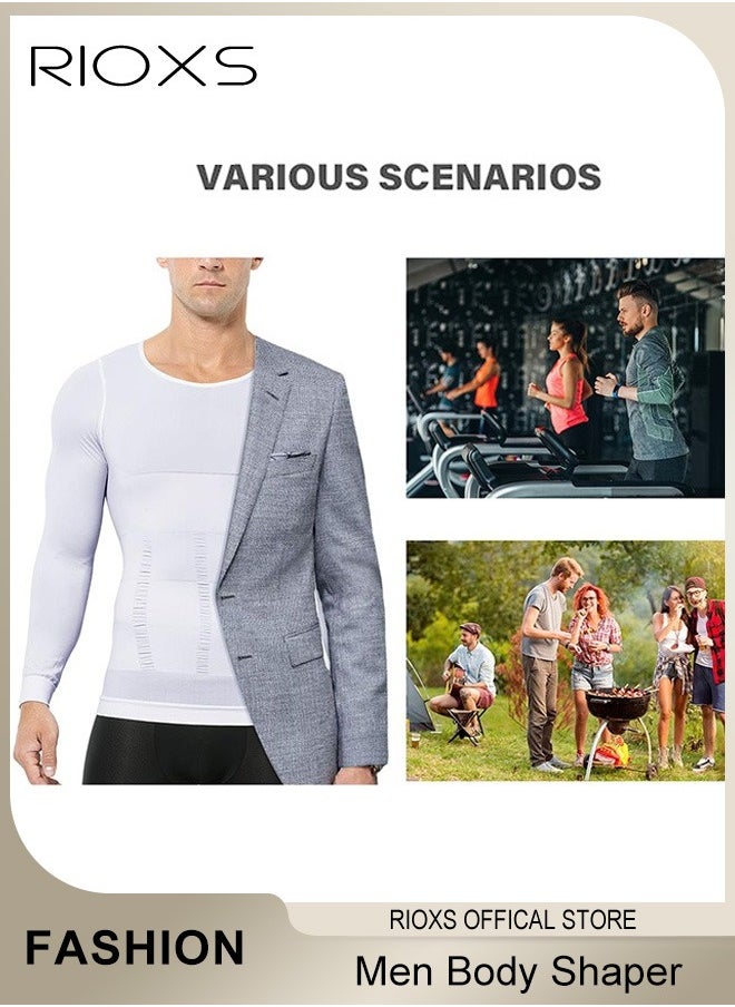 RIOXS - Men Compression Shirt For Body Slimming,Body Shaper Sports Shapewear Top For Men,Long Sleeve Round Neck Slim Fit T-Shirt,Body Shaper Undershirt,Tummy Control Shapewear For Workout Fitness - Image 1