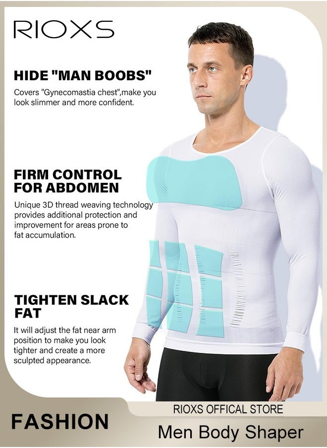 RIOXS - Men Compression Shirt For Body Slimming,Body Shaper Sports Shapewear Top For Men,Long Sleeve Round Neck Slim Fit T-Shirt,Body Shaper Undershirt,Tummy Control Shapewear For Workout Fitness - Image 1