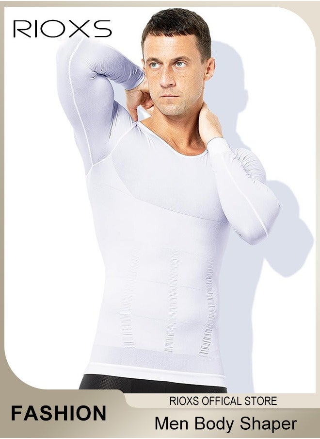 RIOXS - Men Compression Shirt For Body Slimming,Body Shaper Sports Shapewear Top For Men,Long Sleeve Round Neck Slim Fit T-Shirt,Body Shaper Undershirt,Tummy Control Shapewear For Workout Fitness - Image 1