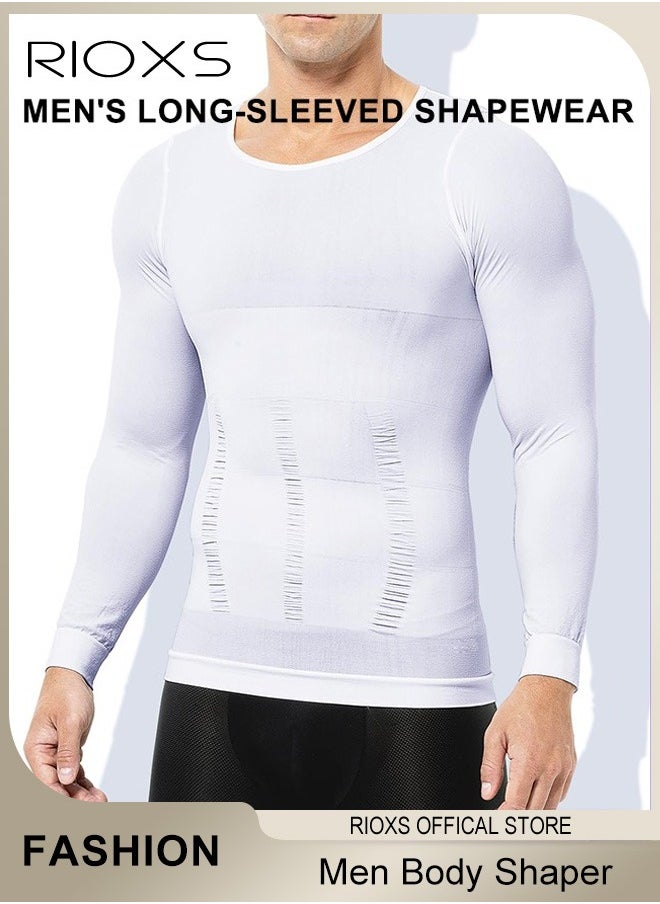 RIOXS - Men Compression Shirt For Body Slimming,Body Shaper Sports Shapewear Top For Men,Long Sleeve Round Neck Slim Fit T-Shirt,Body Shaper Undershirt,Tummy Control Shapewear For Workout Fitness - Image 1