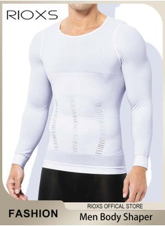 RIOXS Men Compression Shirt For Body Slimming,Body Shaper Sports Shapewear Top For Men,Long Sleeve Round Neck Slim Fit T-Shirt,Body Shaper Undershirt,Tummy Control Shapewear For Workout Fitness  - Image 1