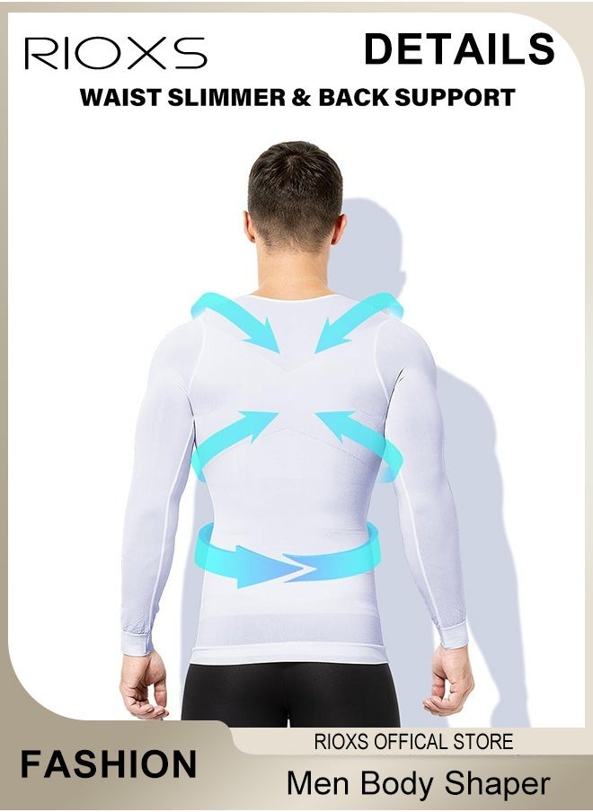 RIOXS - Men Compression Shirt For Body Slimming,Body Shaper Sports Shapewear Top For Men,Long Sleeve Round Neck Slim Fit T-Shirt,Body Shaper Undershirt,Tummy Control Shapewear For Workout Fitness - Image 1