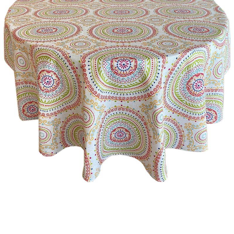 Newbridge 70 Inch Round Fabric Tablecloth Coral and Green Circle Stitch Indoor Outdoor No Iron Soil Resistant Dining Room Party and Banquet Table Cover Modern Boho Chic Print