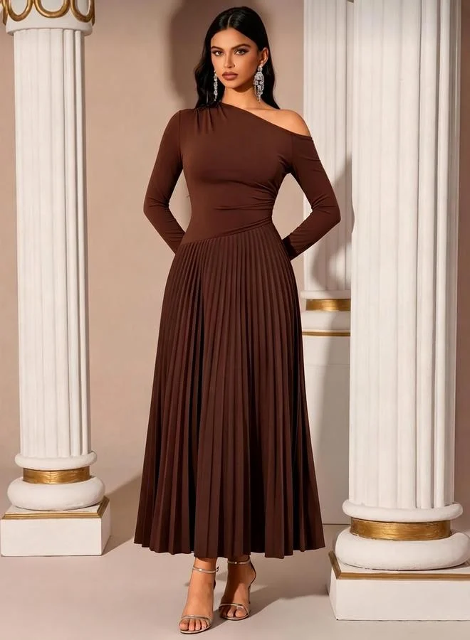 Styli Brown Pleated A-Line Maxi Dress
