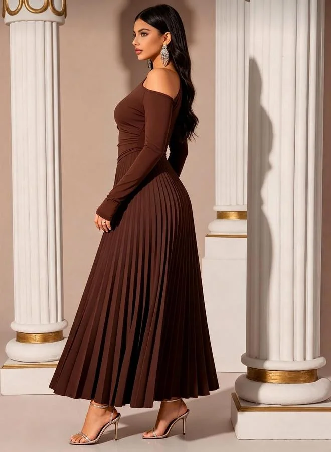 Styli Brown Pleated A-Line Maxi Dress