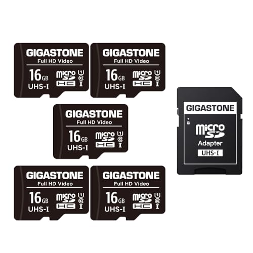 Gigastone [Gigastone] 16GB Micro SD Card 5 Pack, Full HD Video, Surveillance Security Cam Action Camera Drone, 85MB/s Micro SDHC Class 10, with Adapter - Image 1