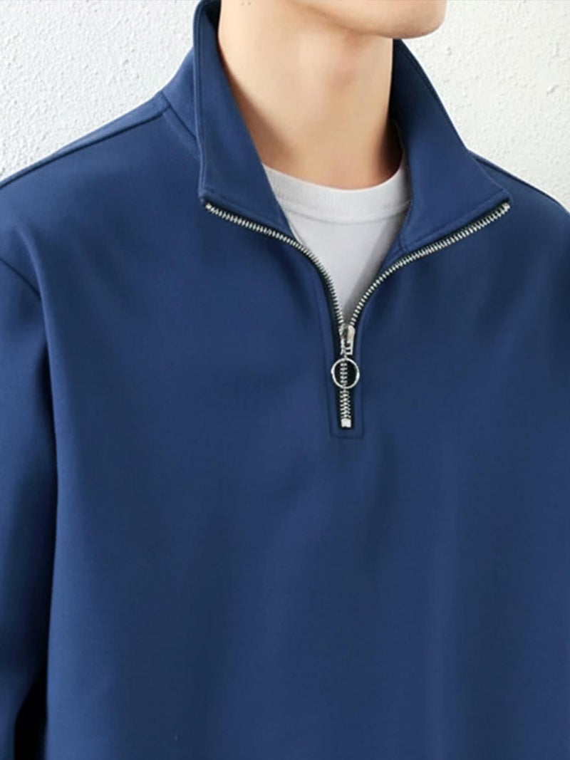 Jump Cuts Mens Solid Henley Neck Full Sleeve Royal Blue Half Zipper LoopKnit Sweatshirt - Image 4
