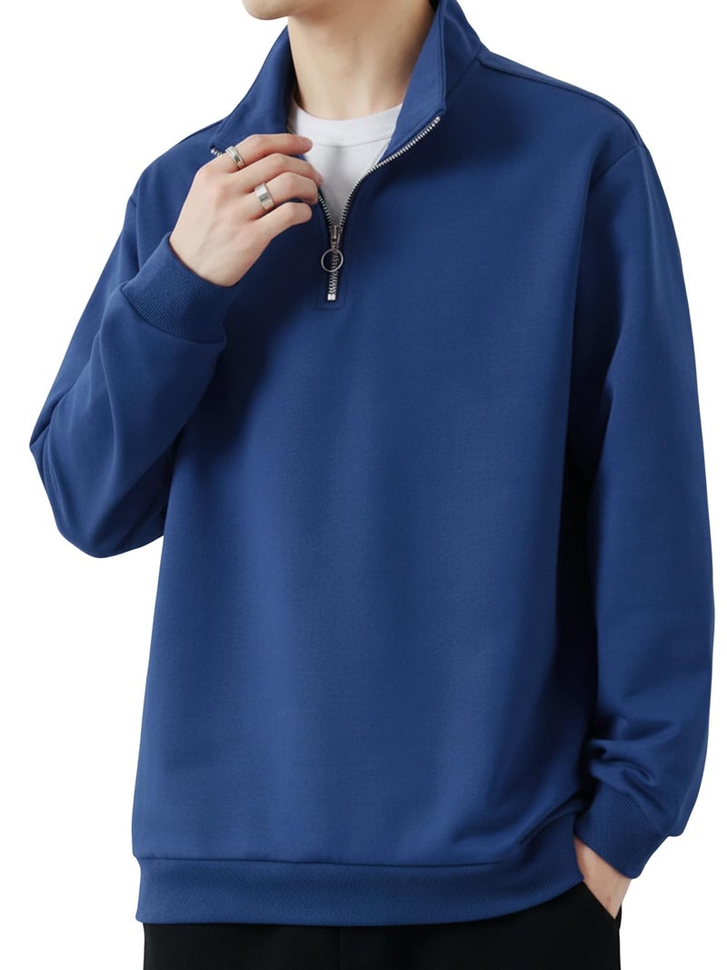 Jump Cuts Mens Solid Henley Neck Full Sleeve Royal Blue Half Zipper LoopKnit Sweatshirt - Image 5