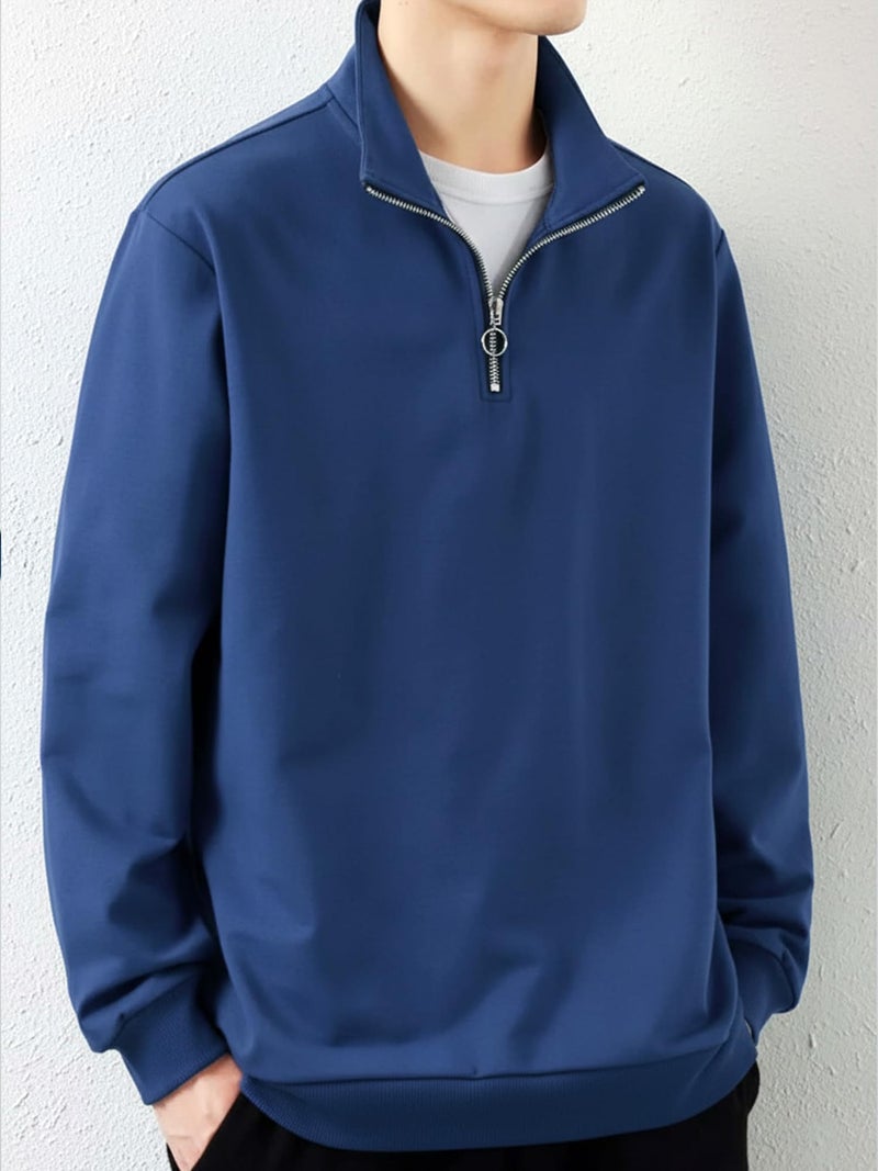 Jump Cuts Mens Solid Henley Neck Full Sleeve Royal Blue Half Zipper LoopKnit Sweatshirt - Image 2