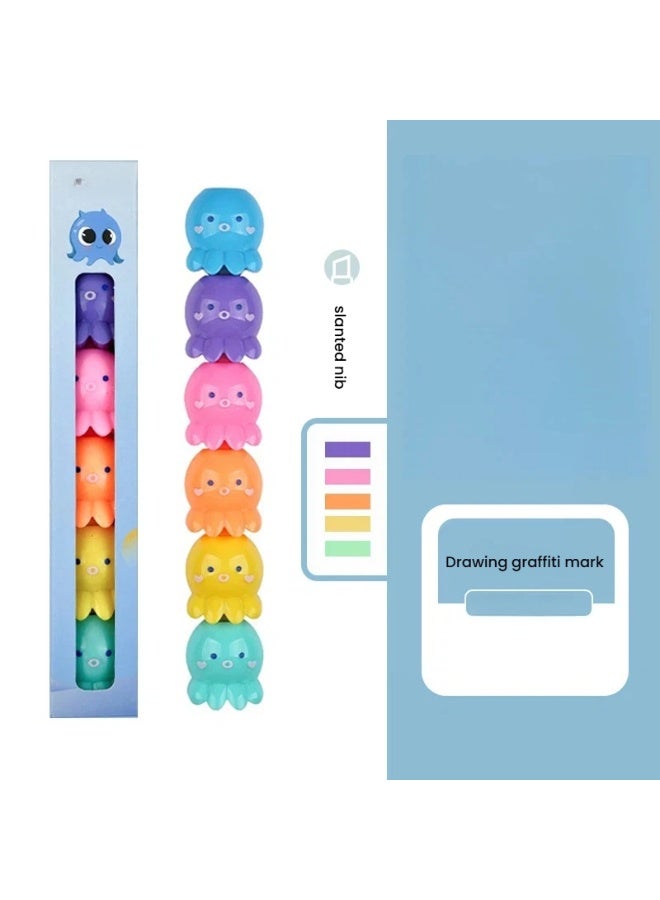 Cute Octopus Highlighters Set 6 Bright Colors Slanted Nib Fun Animal Design and Vibrant Ink Ideal for Students Note-Taking and Creative Marking - Image 1