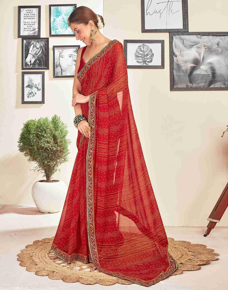 Shiv Textiles Women's Georgette Bandhani Printed & Lace Border Saree(SAT-534S-RED) - Image 2