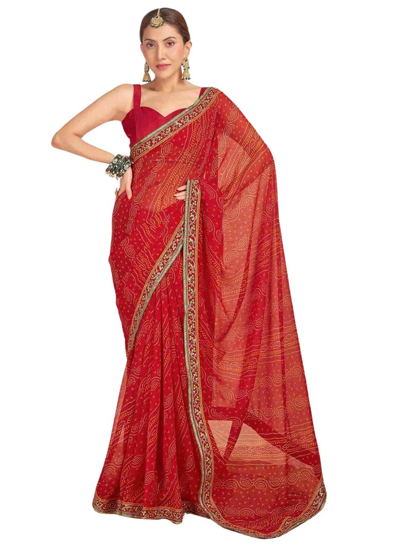 Shiv Textiles Women's Georgette Bandhani Printed & Lace Border Saree(SAT-534S-RED) - Image 1