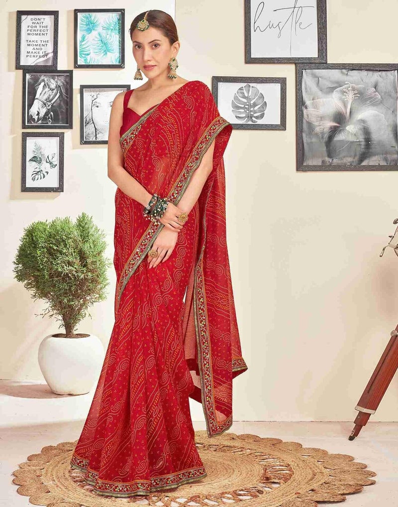 Shiv Textiles Women's Georgette Bandhani Printed & Lace Border Saree(SAT-534S-RED) - Image 3