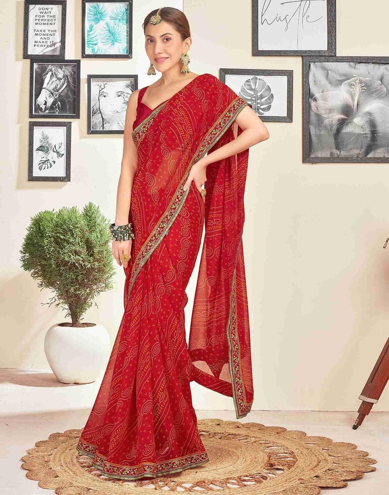 Shiv Textiles Women's Georgette Bandhani Printed & Lace Border Saree(SAT-534S-RED) - Image 4
