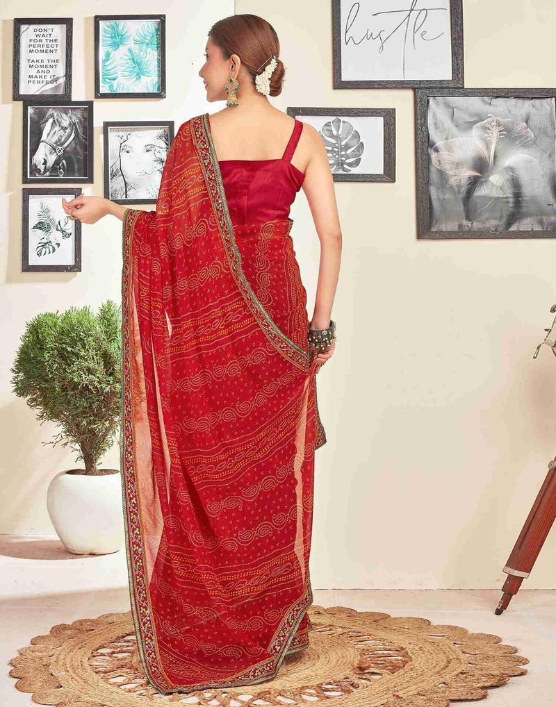 Shiv Textiles Women's Georgette Bandhani Printed & Lace Border Saree(SAT-534S-RED) - Image 5