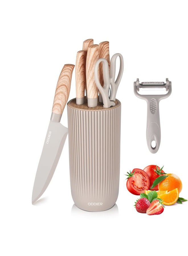 ODDIER Knife Set, 8 Piece Kitchen Knife Set, Stainless Steel Knives Set for Kitchen, Universal Knife Block Set, Kitchen Kinfe Essentials, New Home Apartment Essentials, Dishwasher Safe (Khaki) - Image 1