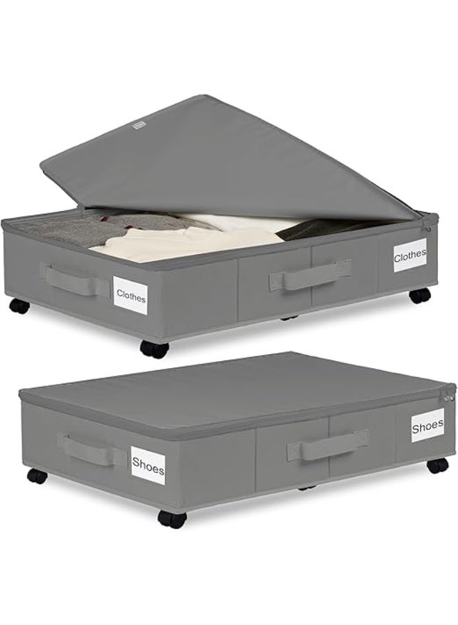 2-Pack Under-Bed Storage Boxes with Wheels, Foldable Zippered Organizer for Clothes & Bedding, Grey - Image 1