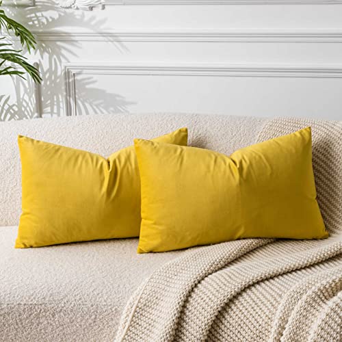 JUSPURBET Velvet Pillow Covers Set of 2 Decorative Throw Pillow Covers for Couch Sofa Bed Soft Lumbar Cushion Covers with Hidden Zipper for Living Room Home DecorYellow12x20 inch