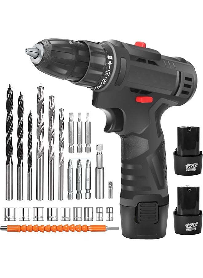 WEMART - 12V Cordless Drill Set Power Drill With Battery And Charger Electric Drill 3 8 Inch Keyless Chuck With 24 Accessories 2 Speed 25+3 Position Compact Drill Driver Kit For Home And Diy Project - Image 1