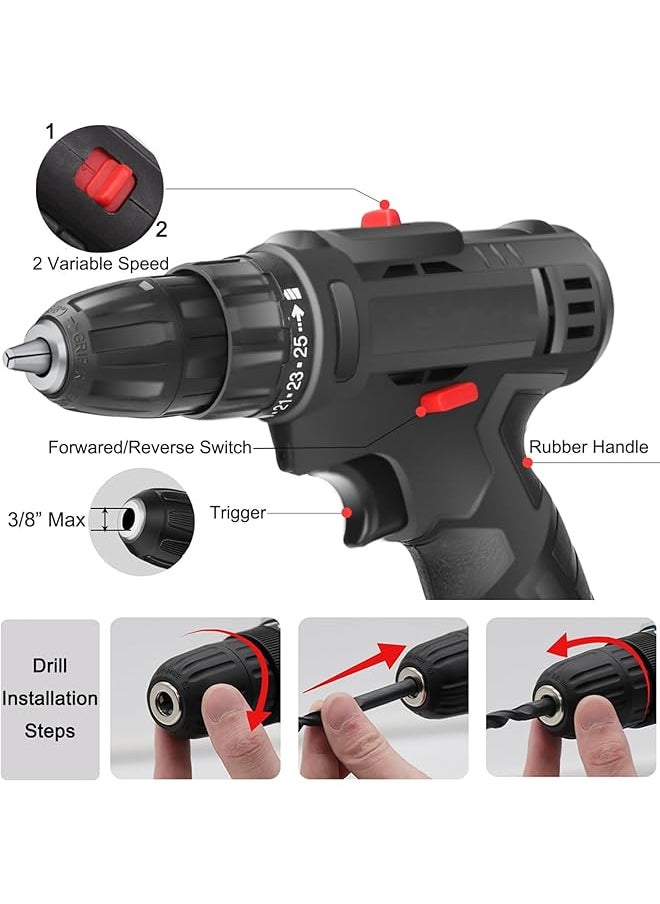 WEMART - 12V Cordless Drill Set Power Drill With Battery And Charger Electric Drill 3 8 Inch Keyless Chuck With 24 Accessories 2 Speed 25+3 Position Compact Drill Driver Kit For Home And Diy Project - Image 1