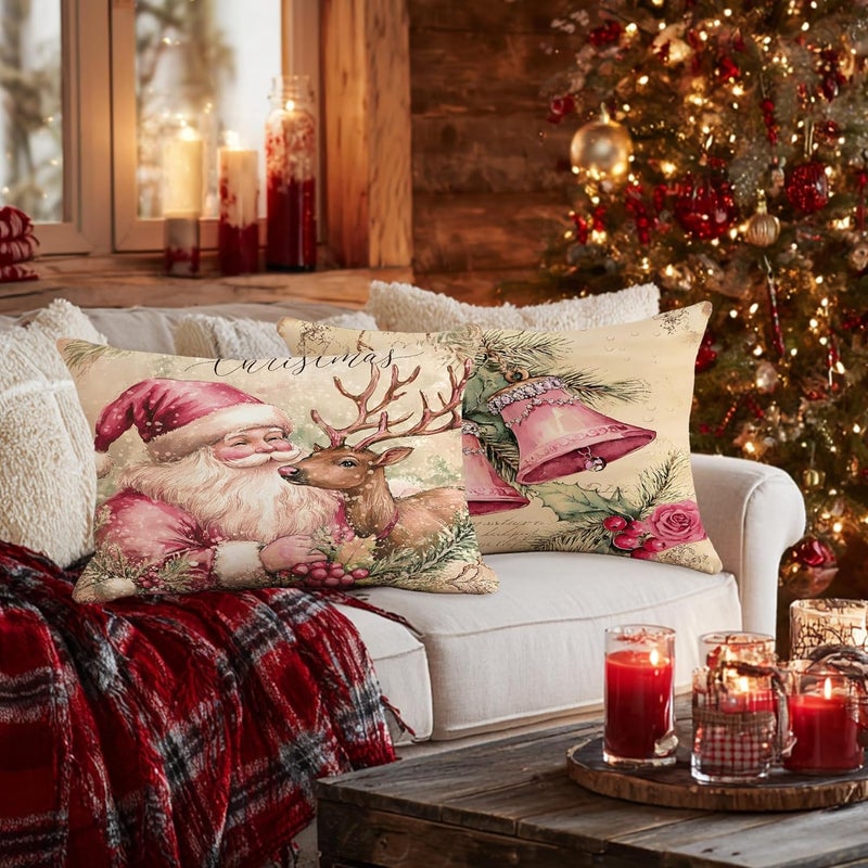 Christmas Throw Pillow Covers Set of 4, Peach Santa and Reindeer Decorative Cushion Cases, Holiday Farmhouse Decor for Home Sofa Bed Couch 20x12 Inch - Image 4
