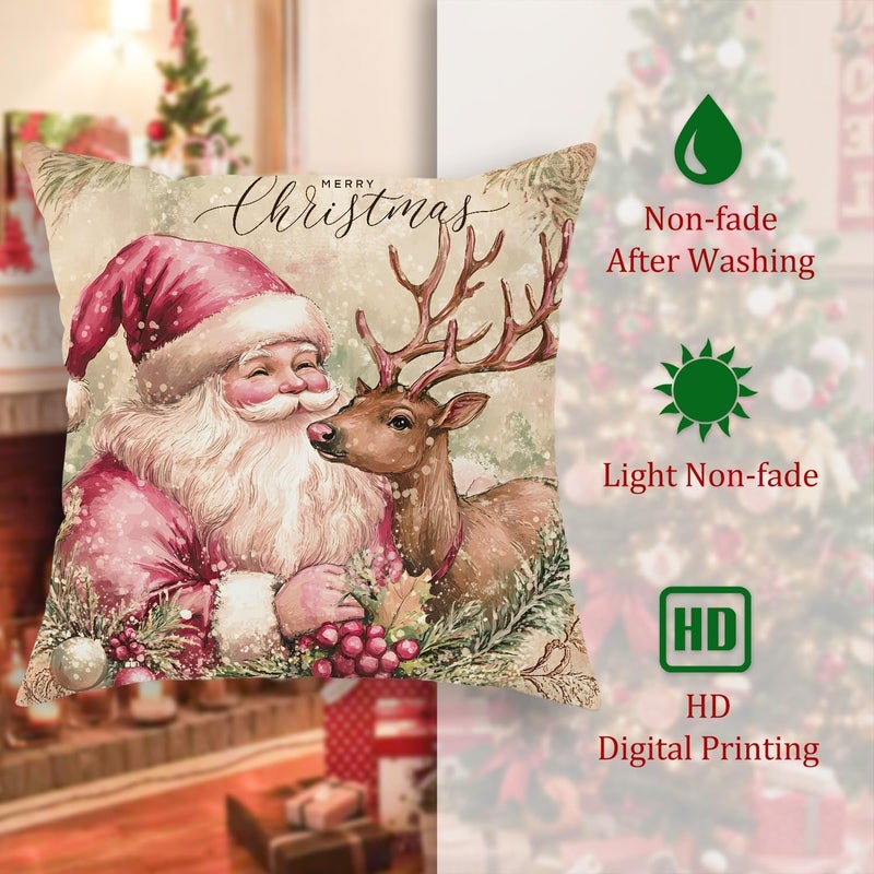 Christmas Throw Pillow Covers Set of 4, Peach Santa and Reindeer Decorative Cushion Cases, Holiday Farmhouse Decor for Home Sofa Bed Couch 20x12 Inch - Image 5