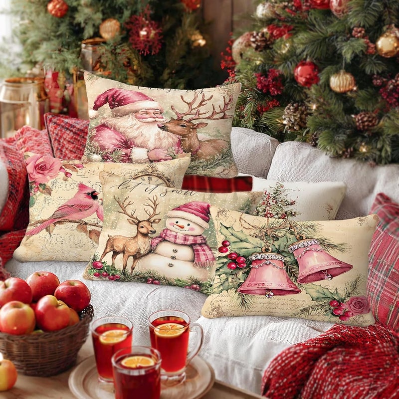 Christmas Throw Pillow Covers Set of 4, Peach Santa and Reindeer Decorative Cushion Cases, Holiday Farmhouse Decor for Home Sofa Bed Couch 20x12 Inch - Image 2