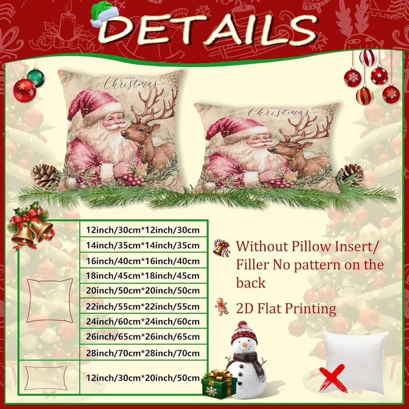 Christmas Throw Pillow Covers Set of 4, Peach Santa and Reindeer Decorative Cushion Cases, Holiday Farmhouse Decor for Home Sofa Bed Couch 20x12 Inch - Image 3