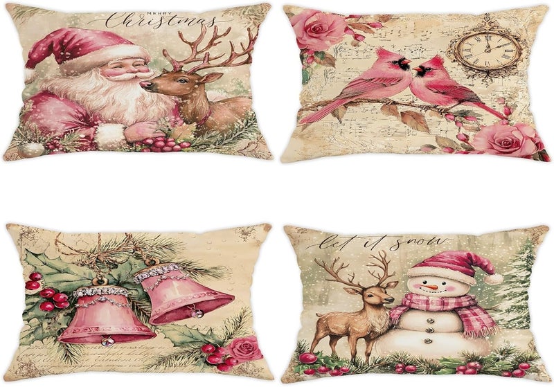 Christmas Throw Pillow Covers Set of 4, Peach Santa and Reindeer Decorative Cushion Cases, Holiday Farmhouse Decor for Home Sofa Bed Couch 20x12 Inch - Image 1