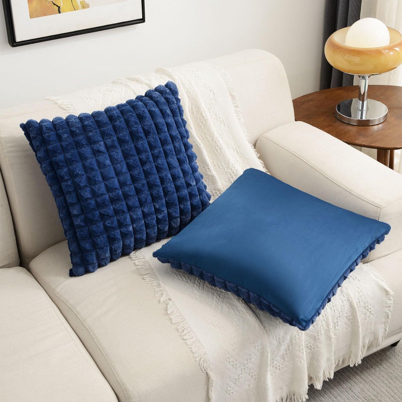 Futei Navy Blue Devinative Devinative Conval Cover 26 × 26 بوصة مجموعة من وسادة مربعة ناعمة ناعمة فو فو فرو منقوشة/دافئ مخملية يورو وسادة شام - Image 4