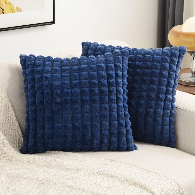 Futei Navy Blue Devinative Devinative Conval Cover 26 × 26 بوصة مجموعة من وسادة مربعة ناعمة ناعمة فو فو فرو منقوشة/دافئ مخملية يورو وسادة شام - Image 1