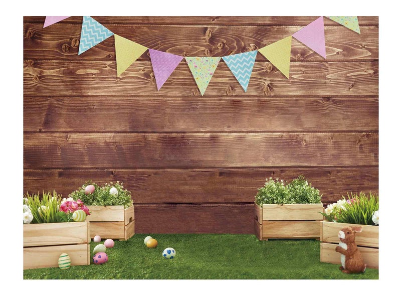 Allenjoy 8x6ft Fabric Spring Easter Backdrops for Girls Photography Wrinkle Free Happy Bunny Rabbit Green Grass Brown Wooden Wall Baby Shower Kids Newborn Portrait Background Photo Studio Shooting