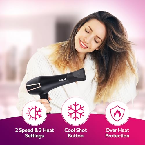 AGARO HD1128 Professional Hair Dryer, 2800 Watts, AC Motor, Concentrator Nozzle, Diffuser, Hot & Cold Air, 2 Speed & 3 Temperature Settings with Cool Shot, For both Men and Women, Black - Image 2