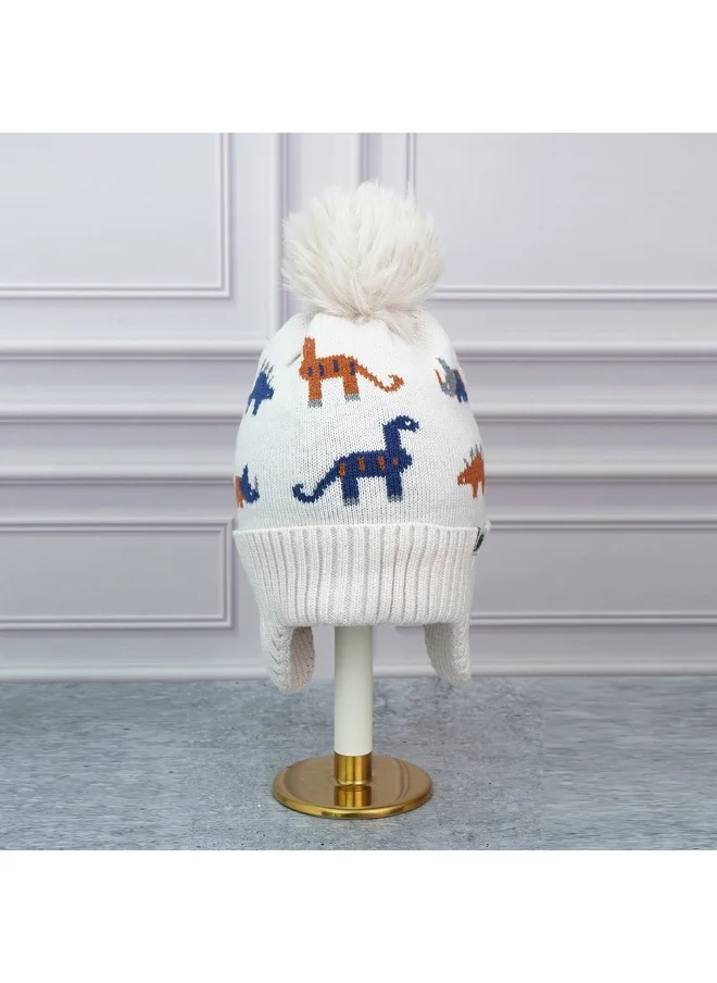 LITTLE SURPRISE BOX 2Pcs Cream Dino Themed Beanie Winter Cap With Matching Neck Cuff Style Muffler For Kids