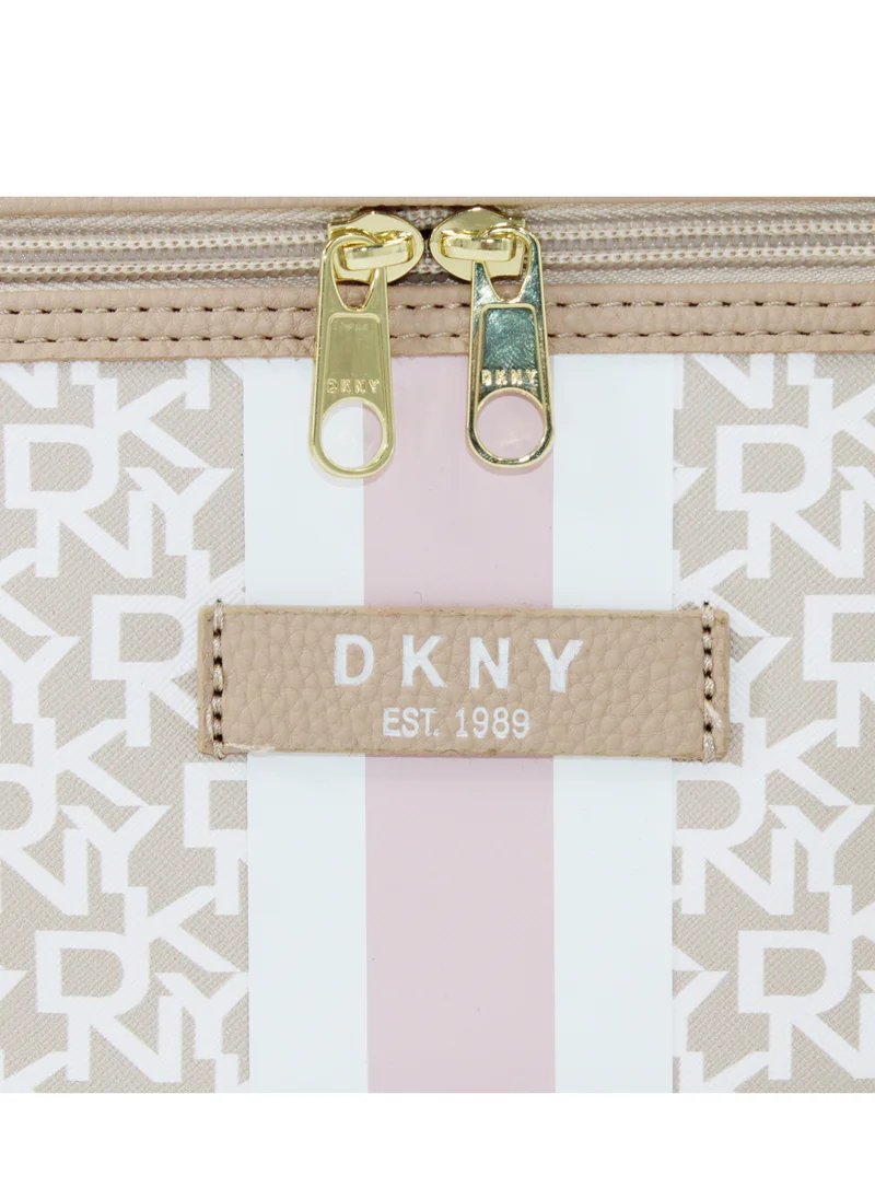 دكني حقيبة مستحضرات التجميل الأصلية المخططة من DKNY Signature Stripe، حقيبة مكياج للسفر صغيرة، حقيبة تخزين صغيرة خفيفة الوزن لمستحضرات التجميل، حقيبة مكياج صغيرة، حقيبة أدوات الزينة للسفر