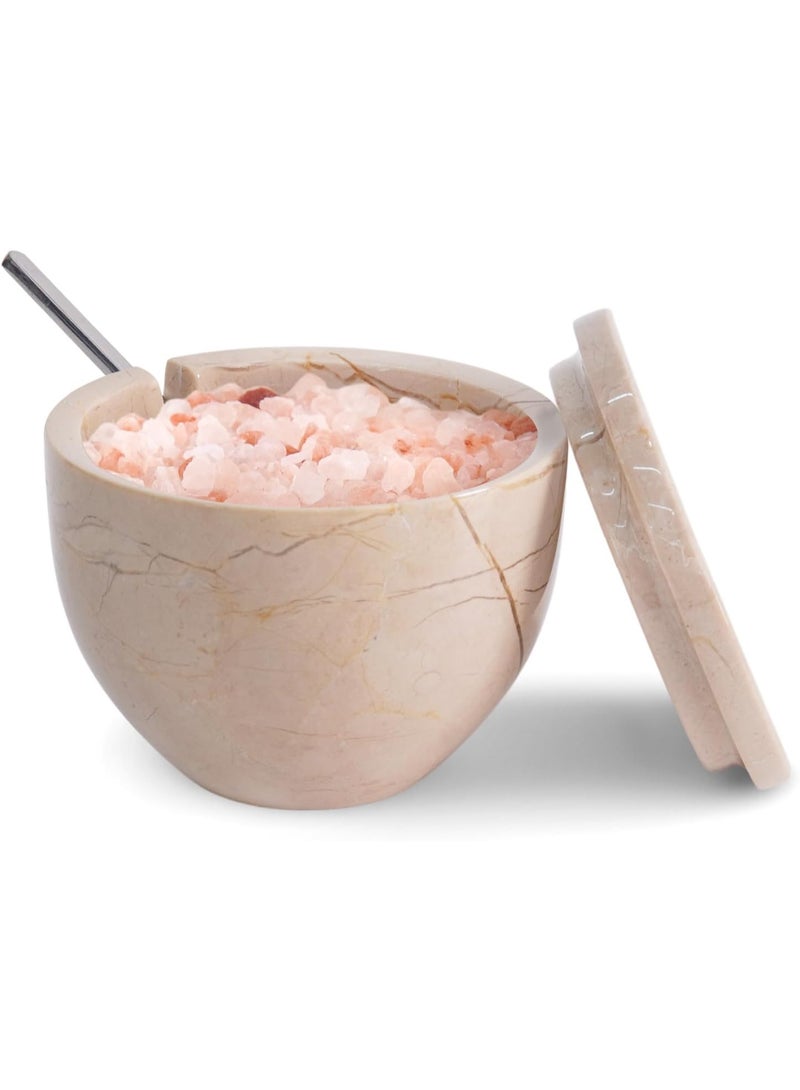ام كي قبو ملح فيرونا الرخامي مع غطاء وملعقة | وعاء ملح وتوابل حجري يدوي الصنع، سعة 4.7 أونصة، مناسب للطاولة - Image 1