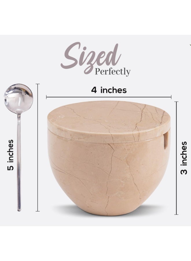 ام كي قبو ملح فيرونا الرخامي مع غطاء وملعقة | وعاء ملح وتوابل حجري يدوي الصنع، سعة 4.7 أونصة، مناسب للطاولة - Image 3