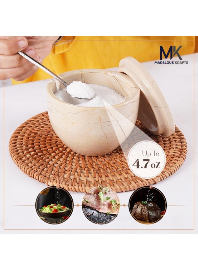 ام كي قبو ملح فيرونا الرخامي مع غطاء وملعقة | وعاء ملح وتوابل حجري يدوي الصنع، سعة 4.7 أونصة، مناسب للطاولة - Image 4