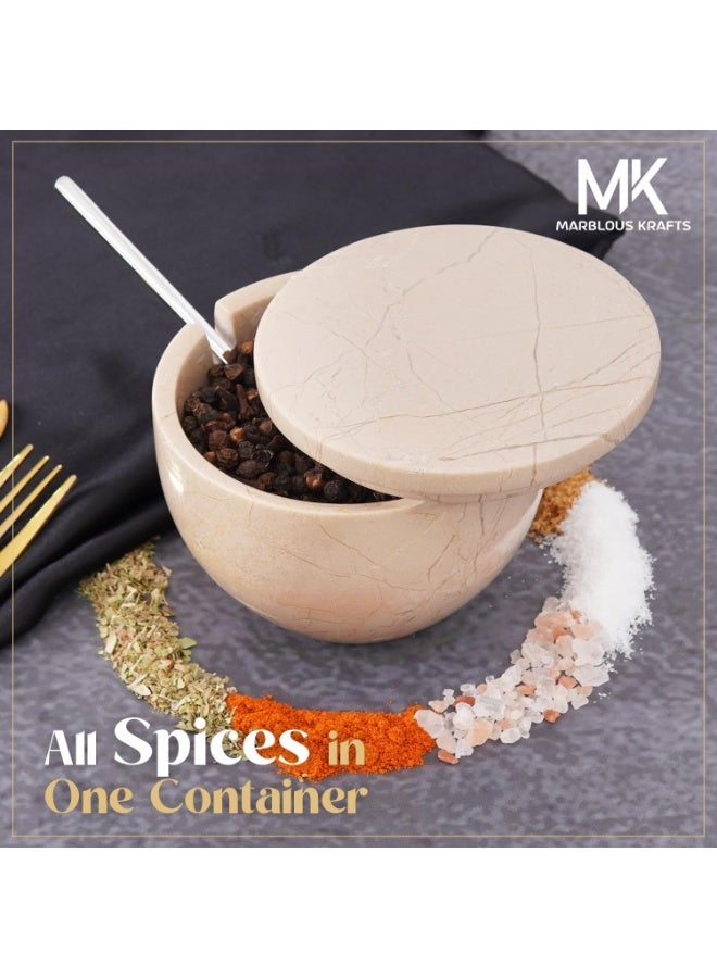 ام كي قبو ملح فيرونا الرخامي مع غطاء وملعقة | وعاء ملح وتوابل حجري يدوي الصنع، سعة 4.7 أونصة، مناسب للطاولة - Image 5