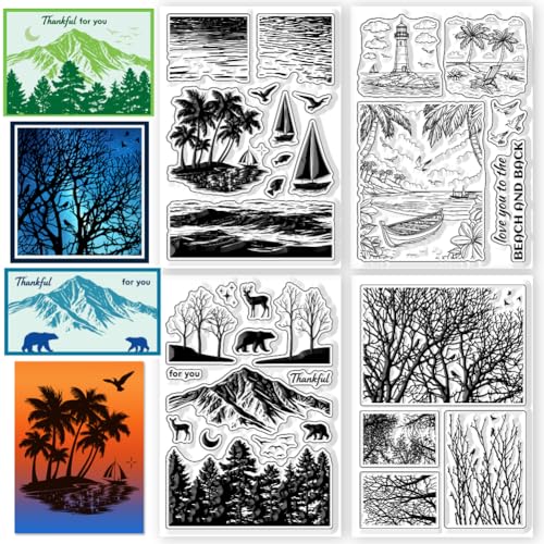 CHGCRAFT 4 Pcs Landscape Silhouette Pattern Clear Stamps Tree Branches Seaside Beach Silicone Stamp Seal for DIY Scrapbooking and Card Making Paper Craft Decor 63 43 Inch - Image 1