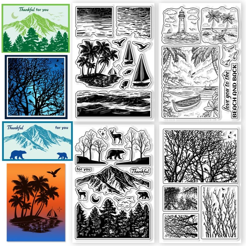 CHGCRAFT 4 Pcs Landscape Silhouette Pattern Clear Stamps Tree Branches Seaside Beach Silicone Stamp Seal for DIY Scrapbooking and Card Making Paper Craft Decor 63 43 Inch - Image 3