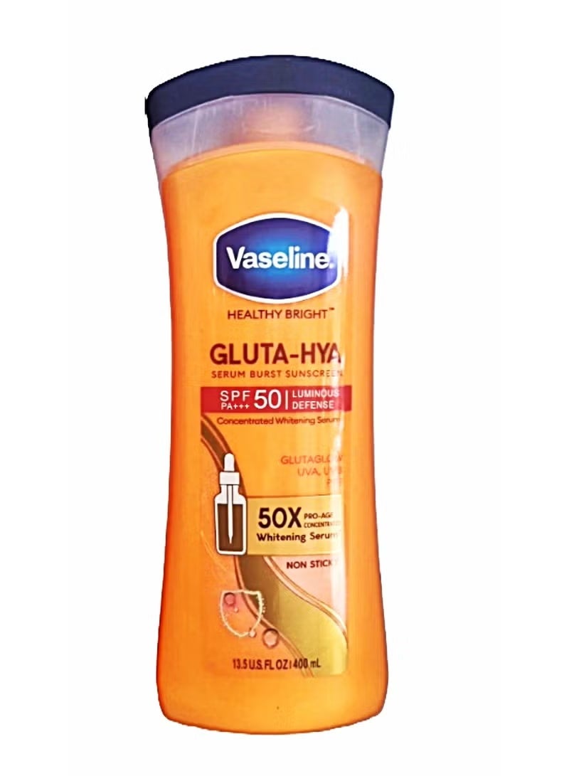 Vaseline Gluta-Hya SPF 50 Serum Burst Sunscreen Luminous Defense Lotion 400ml | Whitening & Brightening Body Lotion | Daily Sun Protection