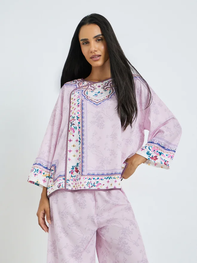Styli Lilac Floral Print Long Sleeve Top and Pyjama Set