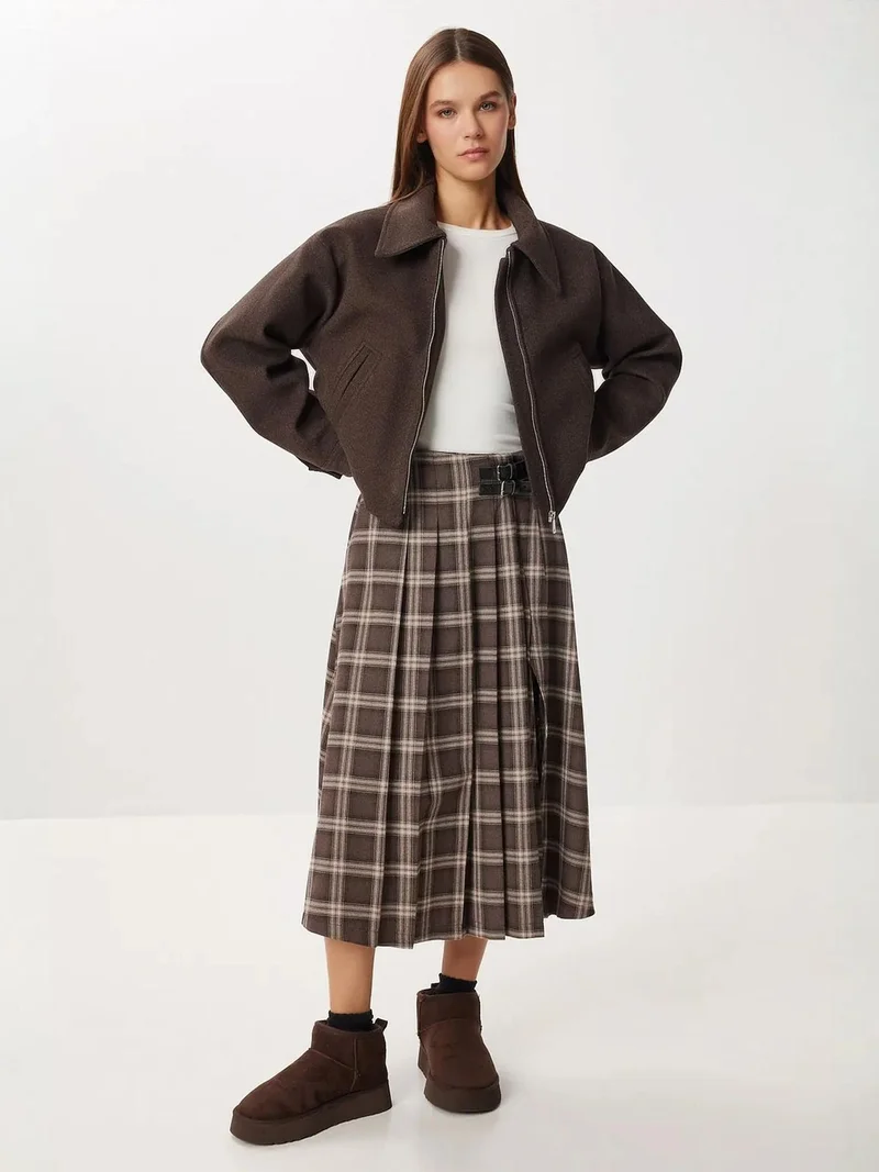 السعادة في إسطنبول ISTANBUL Belt Detailed High Waist Long Plaid Skirt