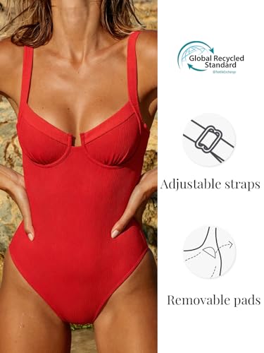 BERLOOK One Piece Swimsuit Women Tummy Control Ribbed Retro Bathing Suits Contrast Trim Knotted Sety Slimming Swimwear Red, M - Image 5