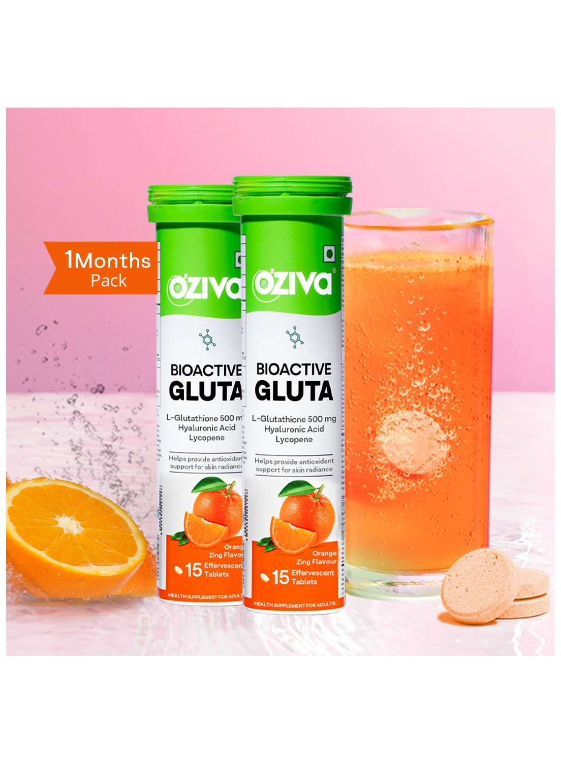 OZiva OZiva Bioactive Gluta Fizzy-5 Potent Antioxidants | Glutathione  tablets For Skin Radiance & Glow | With Hyaluronic Acid, Lycopene,  Astaxanthin - Orange zing, Pack of 2 (30 Tablets) | Best Price Kuwait
